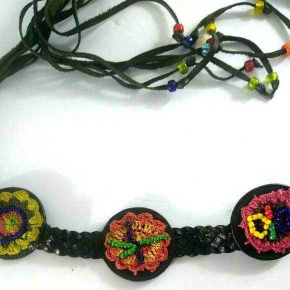 Chicos Leather Medallion Beaded Boho Fringe Belt main image 10